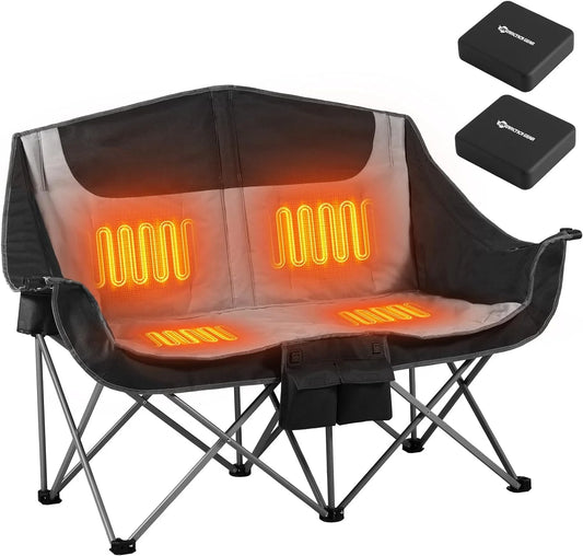 Heated Portable Double Camping Loveseat with 12V Battery Pack for Outdoor Comfort