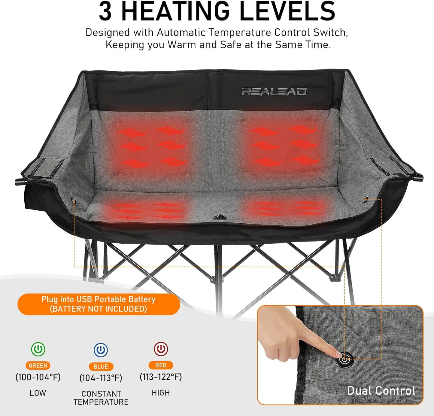 Portable Heated Loveseat Camping Chair with 3 Heat Levels and 4 Heating Zones for Outdoor Comfort