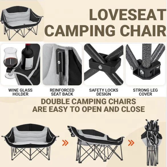 Heated Portable Double Camping Loveseat with 12V Battery Pack for Outdoor Comfort