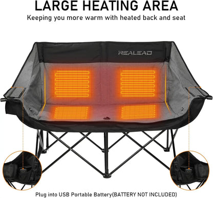 Portable Heated Loveseat Camping Chair with 3 Heat Levels and 4 Heating Zones for Outdoor Comfort